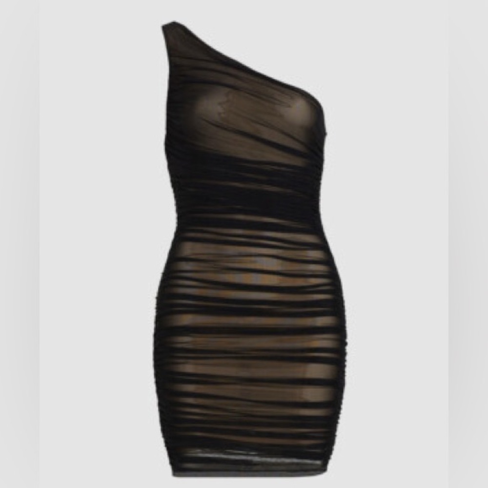 Lovesome Elegant Black mesh One-Shoulder Dress size medium ruched bodycon mini